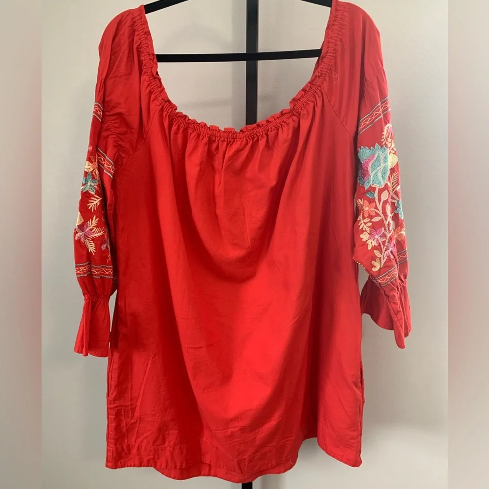 Free People Embroidered Off-Shoulder Red Peasant Tunic/Dress